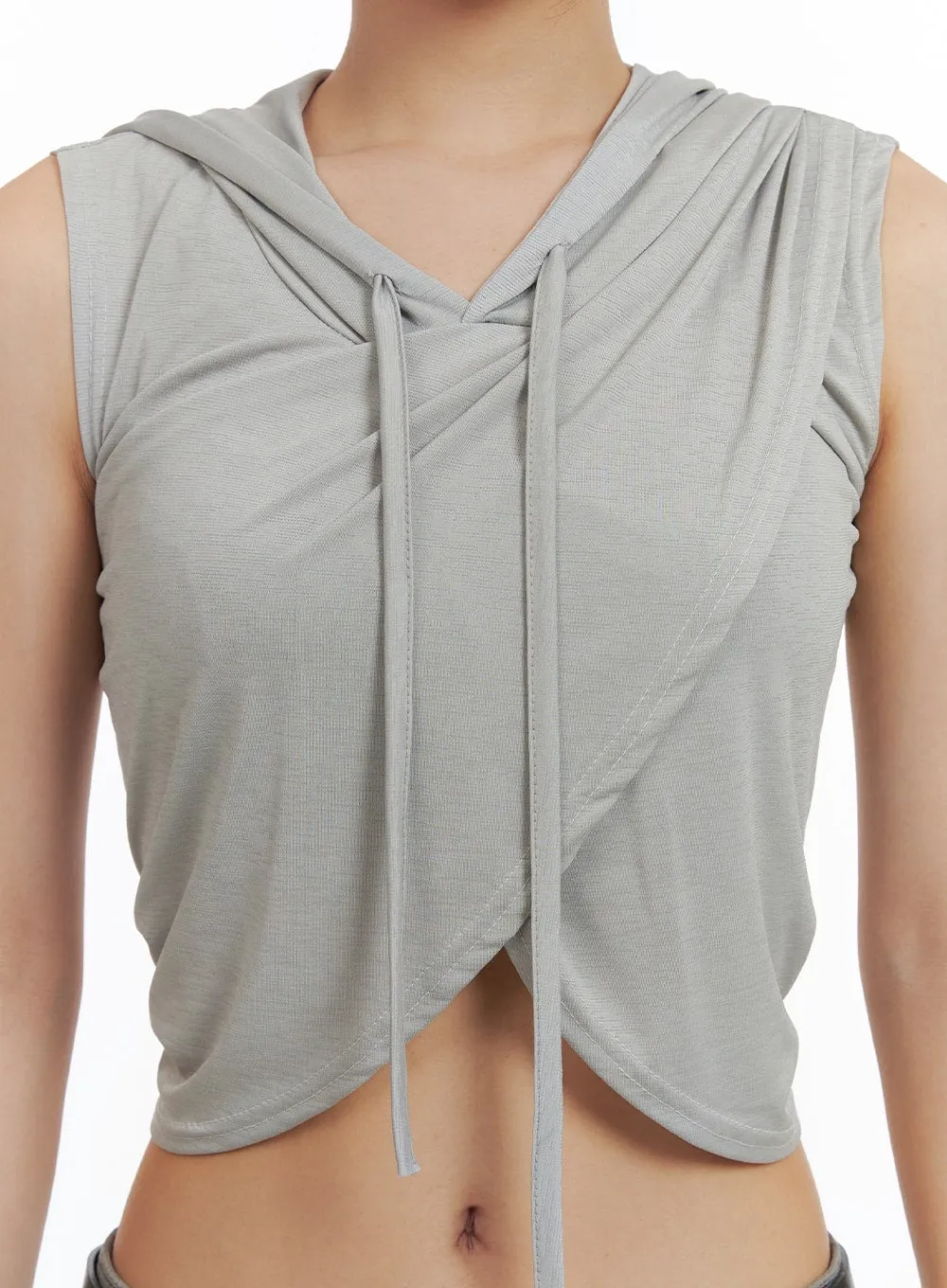 Unbalanced Wrap Sleeveless Cropped Hoodie CA416