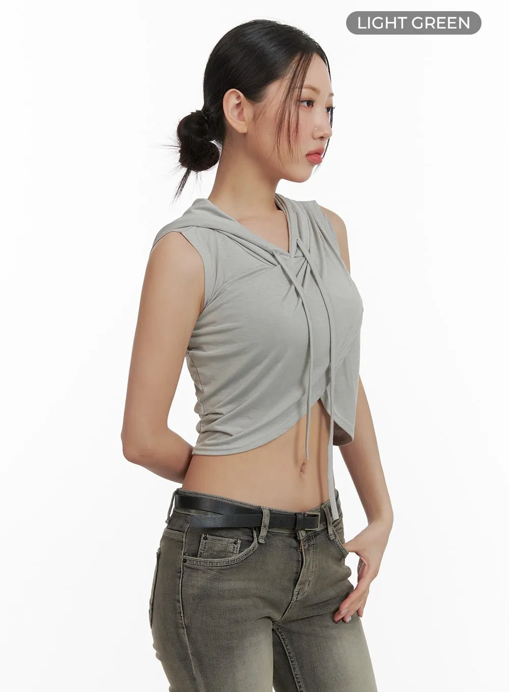 Unbalanced Wrap Sleeveless Cropped Hoodie CA416