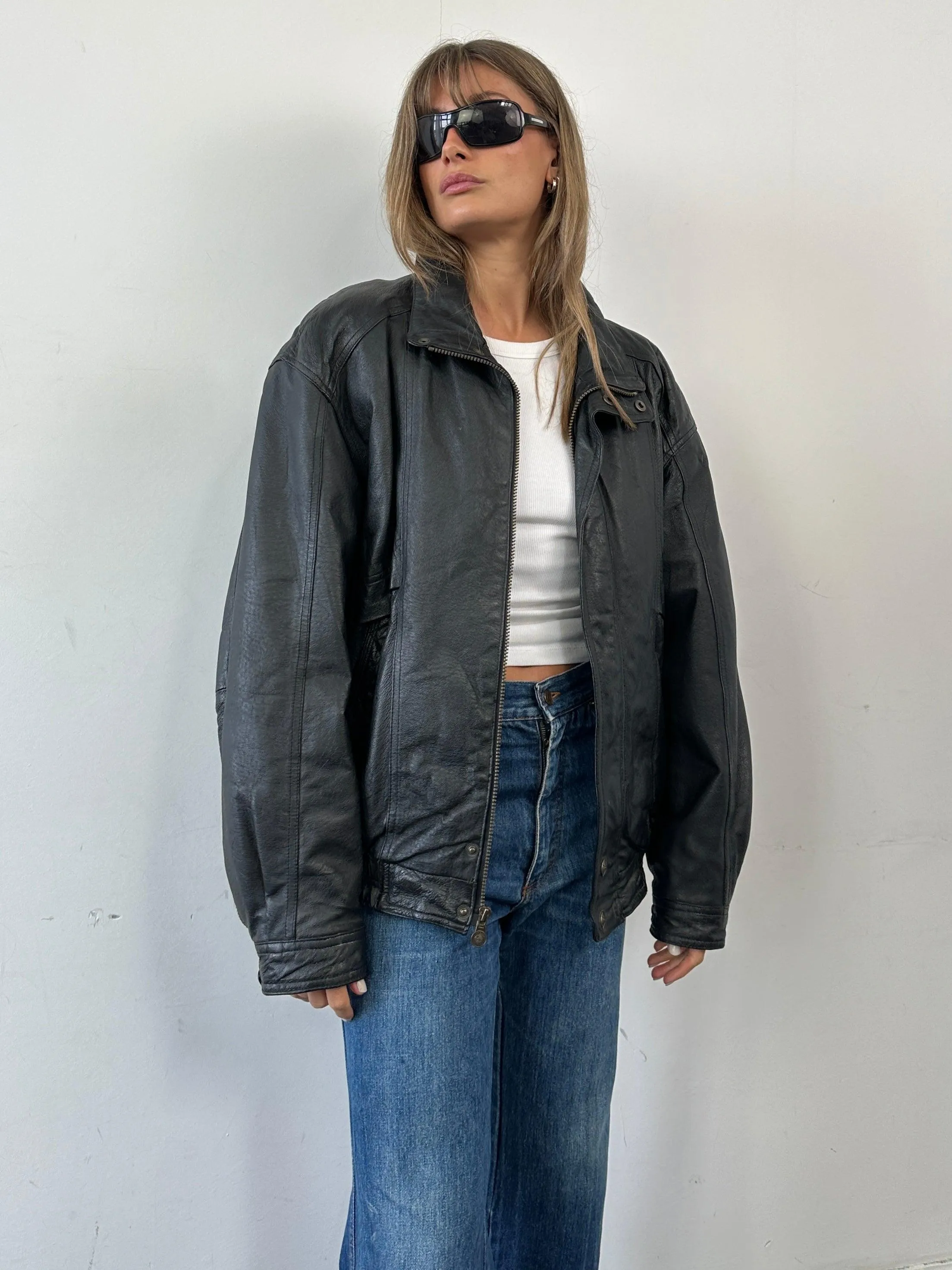 Vintage Leather Bomber Jacket - XL