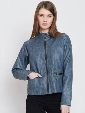 Women Casual Blue Leather Jacket