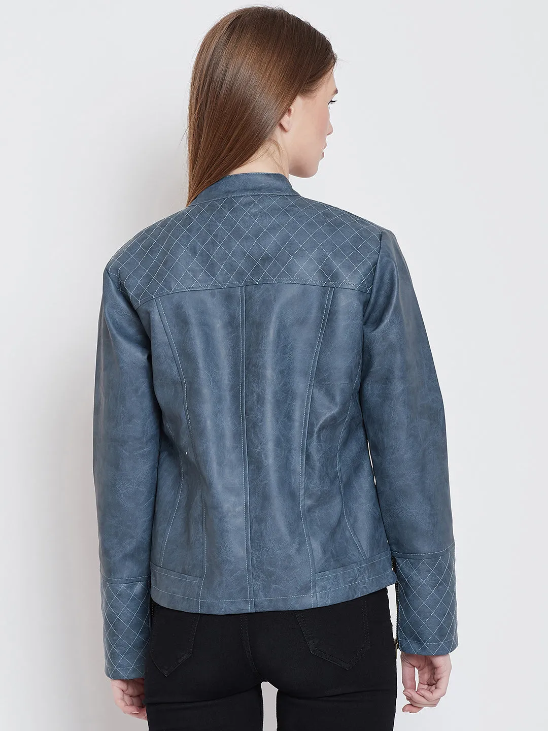 Women Casual Blue Leather Jacket