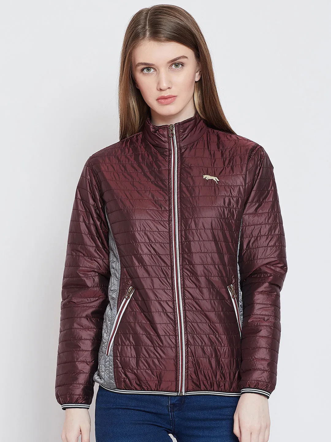 Women Casual Maroon Quilted Jacket