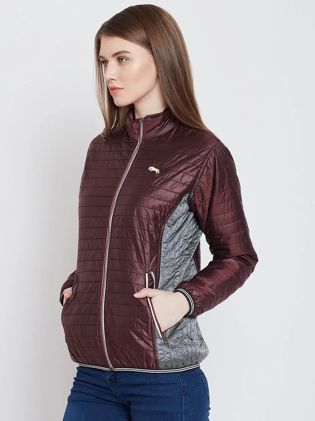 Women Casual Maroon Quilted Jacket