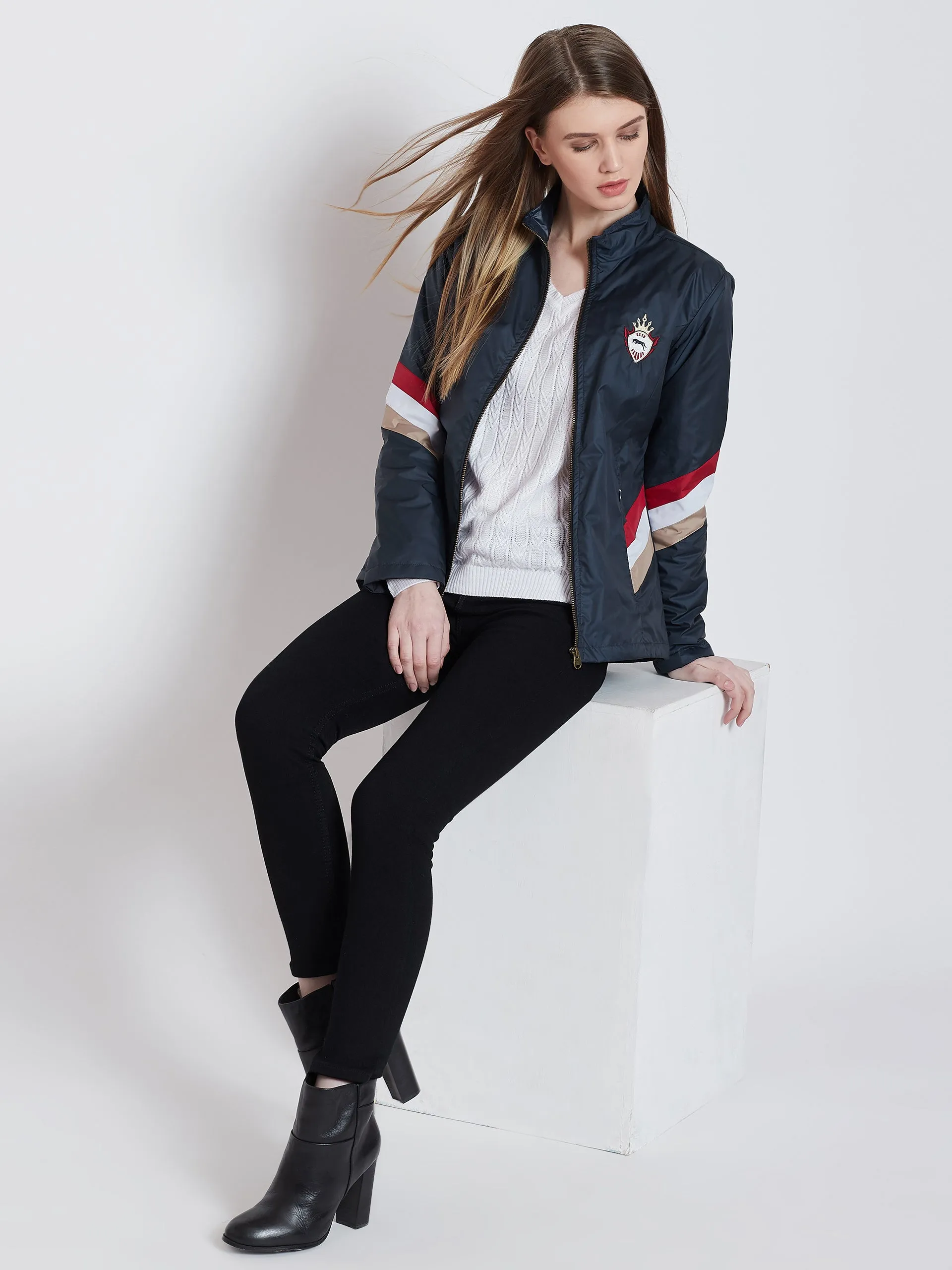 Women Casual Navy Blue Sporty Jacket