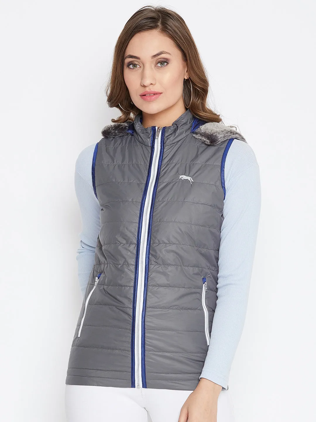 Women Grey Casual Quilted Jacket