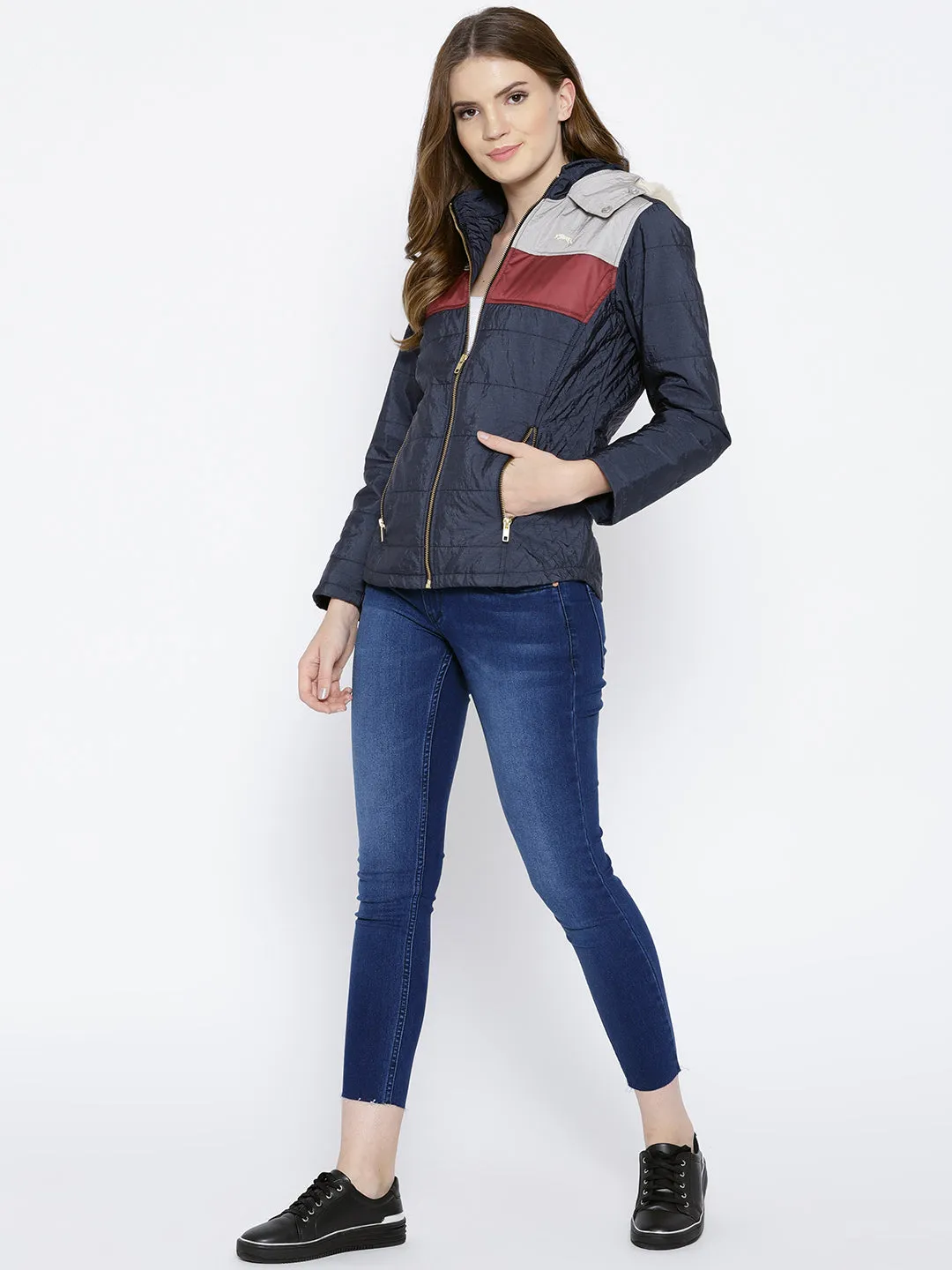 Women Navy Blue Puffer Jacket