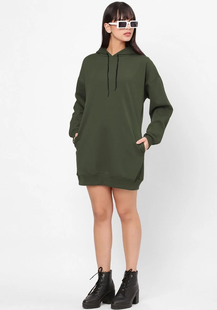 Women Oversized Hoodie Dress - Olive