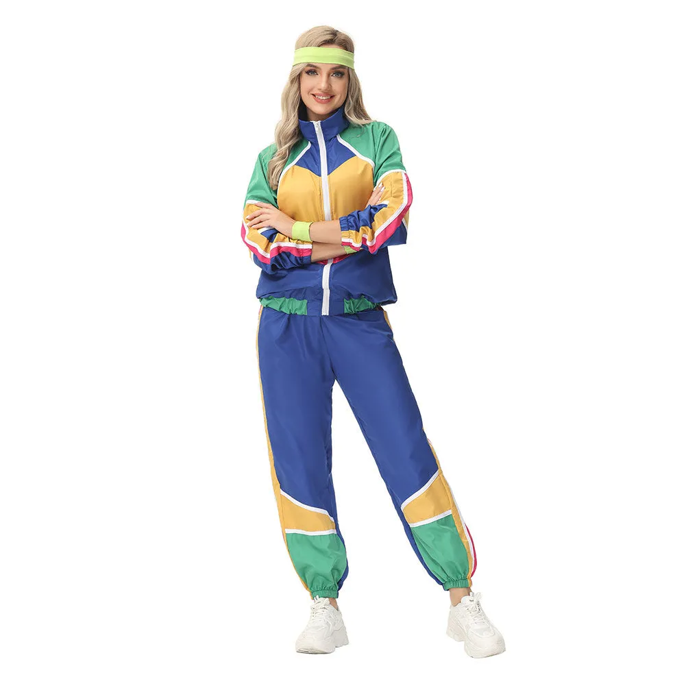 Women Retro Vintage hip-hop disco Cosplay Costume Jacket Pants Headband Sprotwear Outfits Halloween Carnival Suit