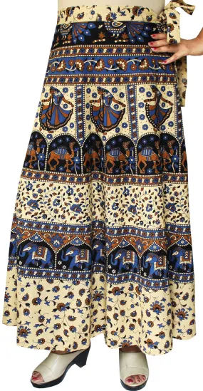 Women's Printed Long Cotton Wrap Around India Skirt (Blue, One Size)