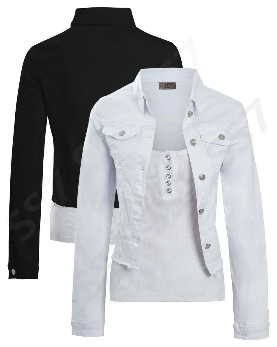 Womens Size 14 12 10 8 6 Stretch Fitted Denim Jacket Ladies Jean Jackets Black White