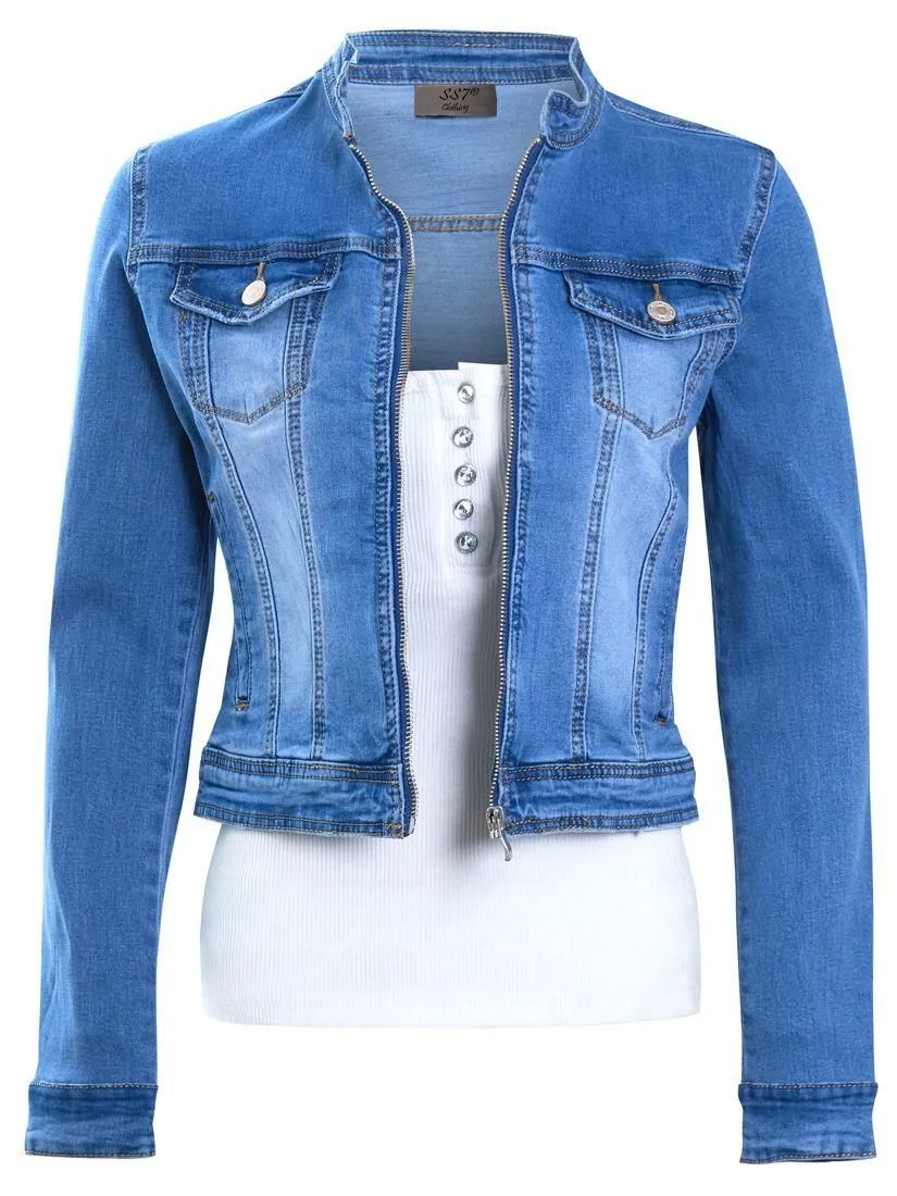 Womens Size 16 12 10 8 14 Stretch Fitted Denim Jacket Ladies Zip Jean Jackets Blue