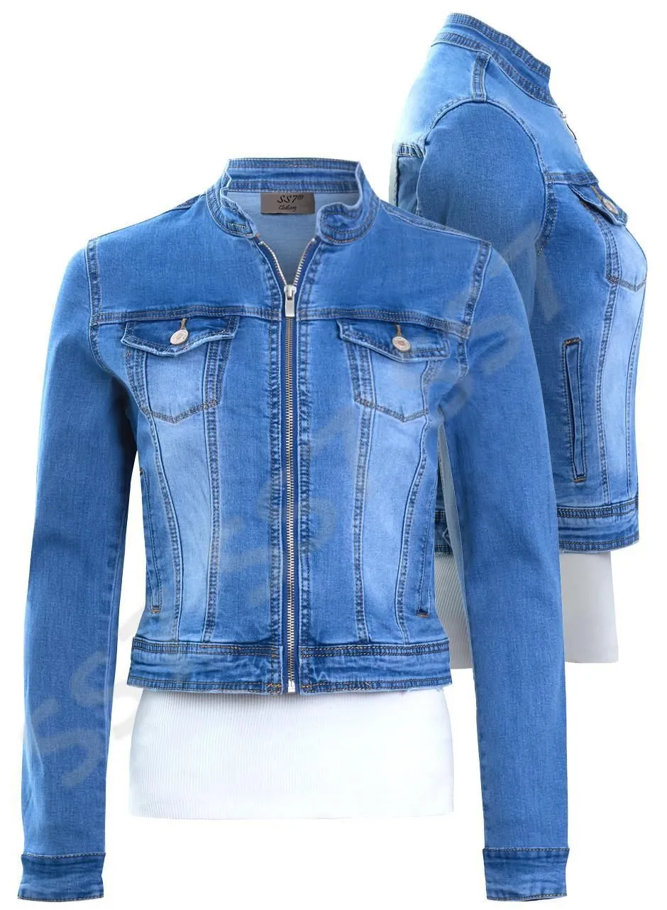 Womens Size 16 12 10 8 14 Stretch Fitted Denim Jacket Ladies Zip Jean Jackets Blue