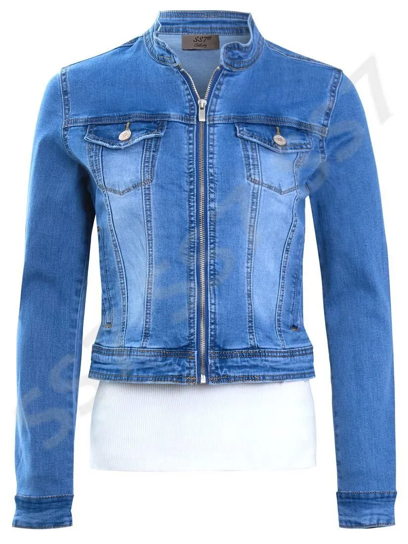 Womens Size 16 12 10 8 14 Stretch Fitted Denim Jacket Ladies Zip Jean Jackets Blue