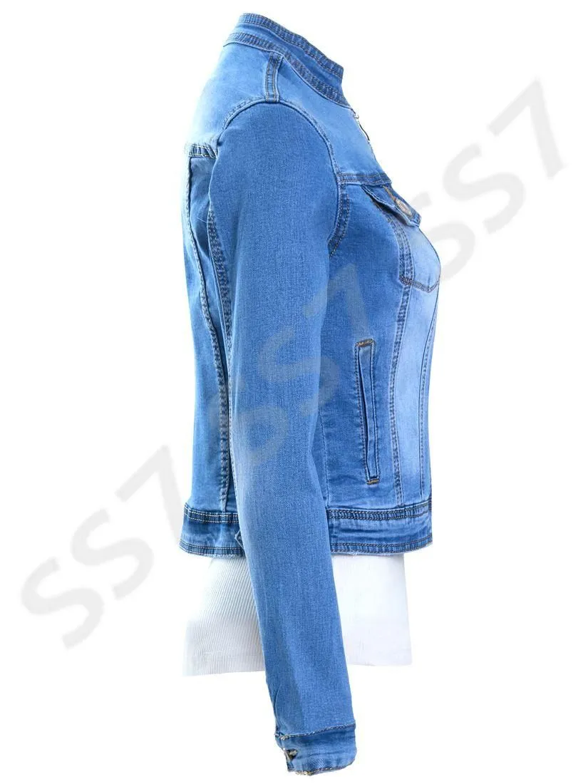 Womens Size 16 12 10 8 14 Stretch Fitted Denim Jacket Ladies Zip Jean Jackets Blue