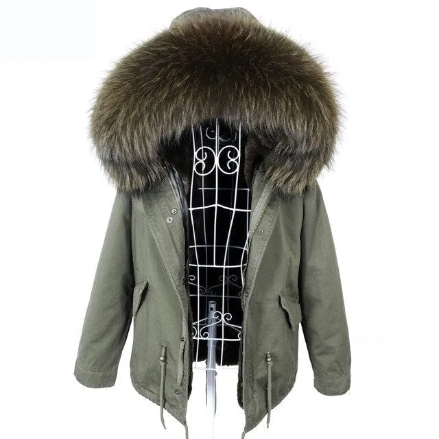 Women's Zipper Closed Hooded Winter Jacket with Natural Raccoon Fur Collar