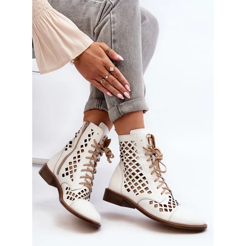 Zazoo 2695 Openwork Leather Ankle Boots, White