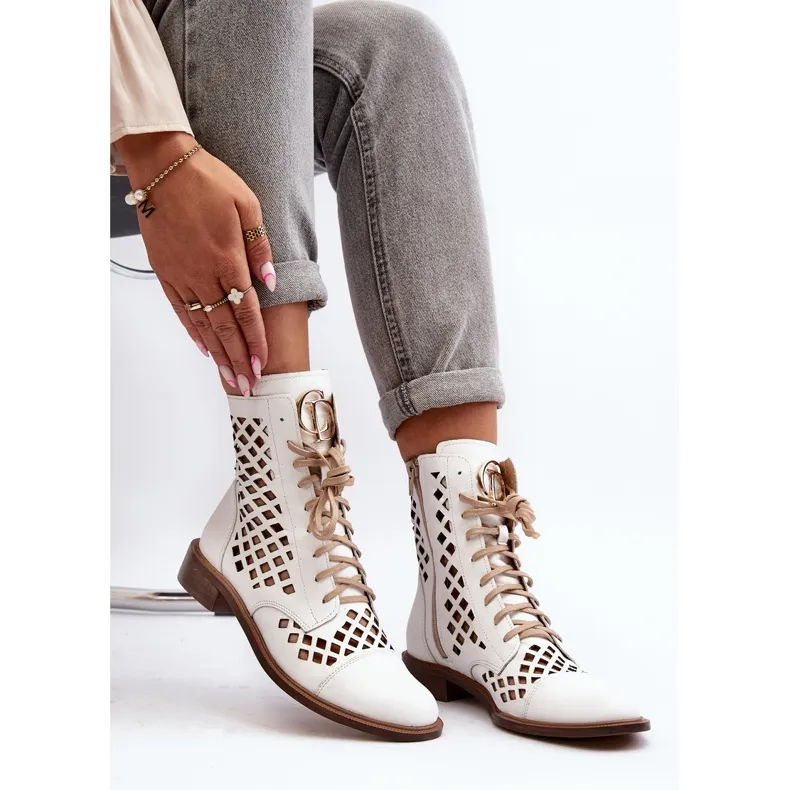 Zazoo 2695 Openwork Leather Ankle Boots, White