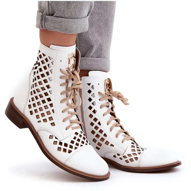 Zazoo 2695 Openwork Leather Ankle Boots, White