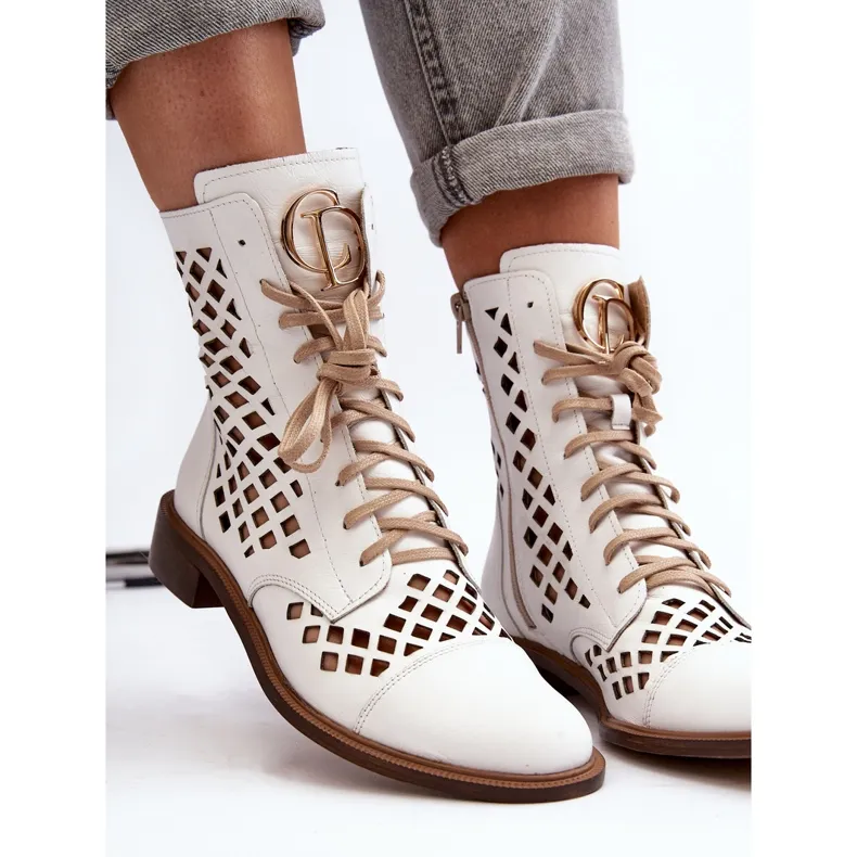 Zazoo 2695 Openwork Leather Ankle Boots, White