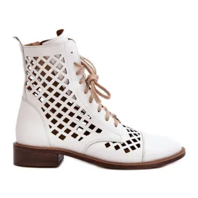 Zazoo 2695 Openwork Leather Ankle Boots, White