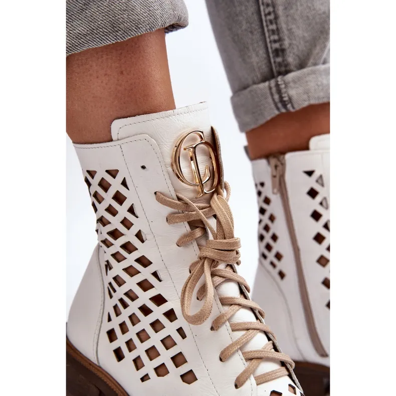 Zazoo 2695 Openwork Leather Ankle Boots, White