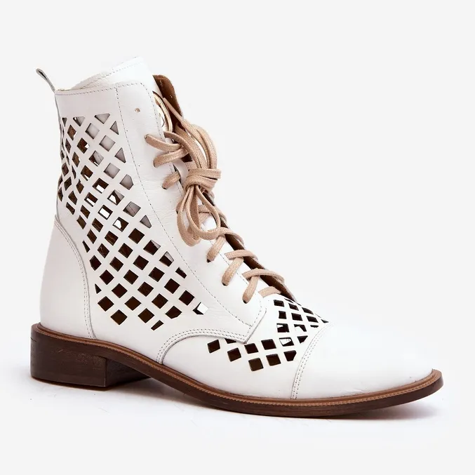 Zazoo 2695 Openwork Leather Ankle Boots, White