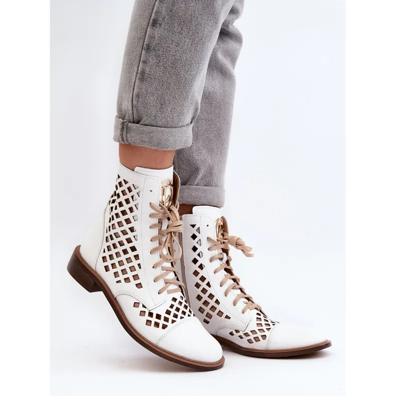 Zazoo 2695 Openwork Leather Ankle Boots, White