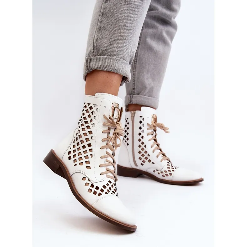 Zazoo 2695 Openwork Leather Ankle Boots, White