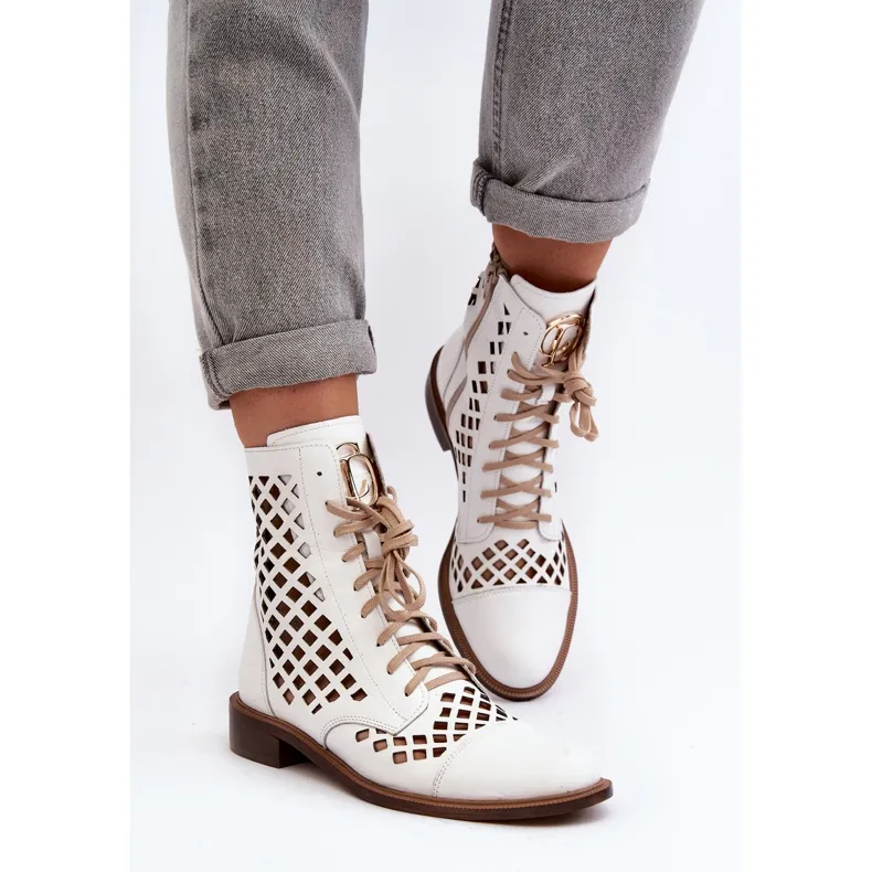 Zazoo 2695 Openwork Leather Ankle Boots, White