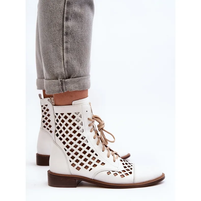 Zazoo 2695 Openwork Leather Ankle Boots, White